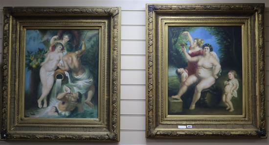 J.W., a pair of oils on canvas, Classical gods and goddesses, 59 x 49cm